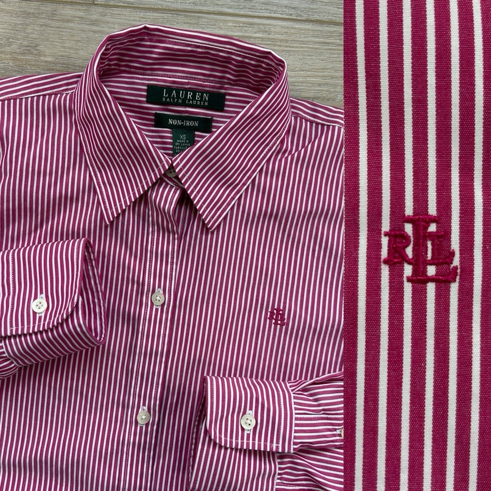 Lauren Ralph Lauren Womens XS Pink Stripe Long Sleeve Button Up Shirt Logo
